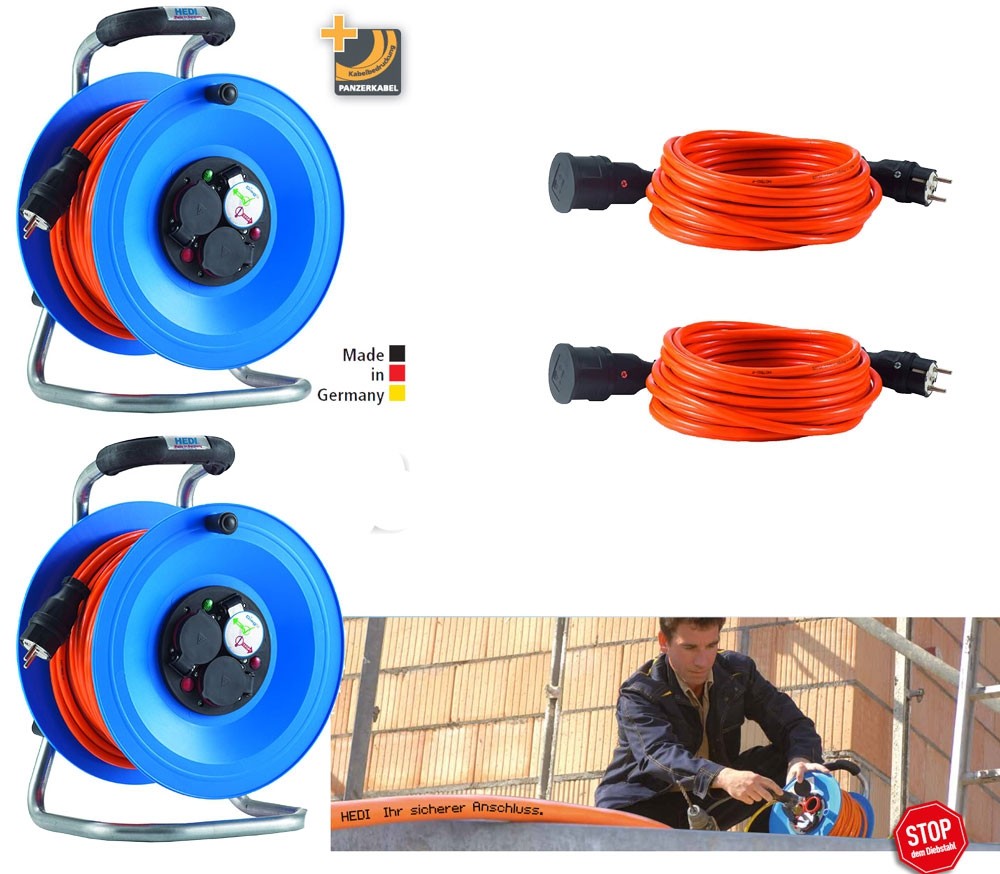 Bedruckungs-Paket 3: 2,5 mm² bestehend aus 2 x Kabeltrommel Professional Kunststoff, 40 m und 2x Panzerkabel-Verlängerungsleitungen PLUS, 10 m