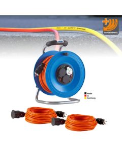 Bedruckungs-Paket 2: 1 x Kabeltrommel Professional Kunststoff in Schwarz, 50 m 2 x Panzerkabel-Verlängerungsleitungen PLUS, 25 m Orange H07BQ-F 3G1,5