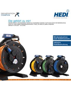 Vollkunstoffkabeltrommel HEDI Generation 7, schwarzem Trommelkörper 40 m H07BQ-F 3G1,5 orange