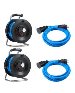 Bedruckungs-Paket 3: 2 x Kabeltrommel Professional Kunststoff in Schwarz, 40 m 2 x Panzerkabel-Verlängerungsleitungen PLUS, 10 m Blau H07BQ-F 3G1,5