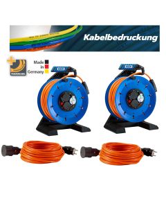 Bedruckungs-Paket 3: mit 2,5 mm² bestehend aus 2 x Kabeltrommel Professional Kunststoff, 40 m und 2x Panzerkabel-Verlängerungsleitungen PLUS, 10 m